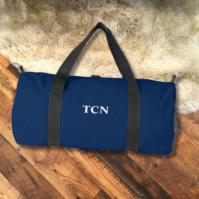 Monogram Initials Name Navy Blue White Duffle Bag (Navy Blue White Monogrammed Initials Name Duffel bag. Gift for him)
