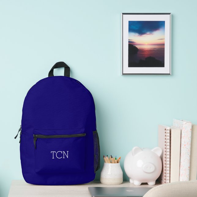 Monogram Initials Navy Blue Classic Bedruckter Rucksack (Navy Blue White Monogrammed Classic Backpack- School Work, Gift for him)
