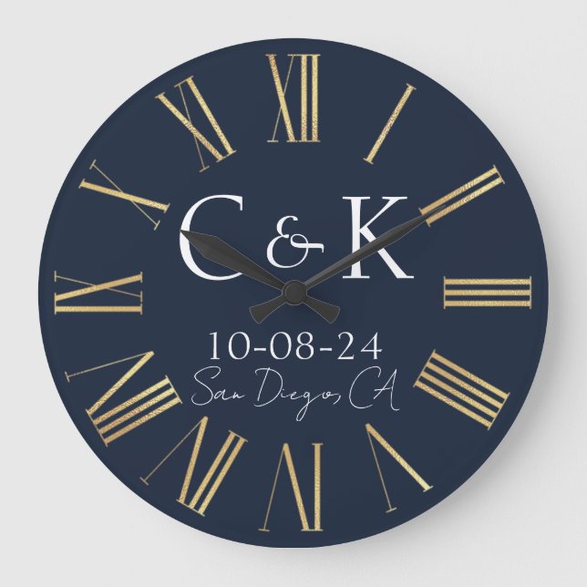 Monogram Initials Navy Blue Wedding Große Wanduhr (Vorderseite)