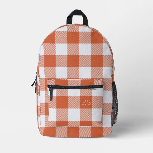 Monogram Initials Orange Gingham Buffalo Karo Bedruckter Rucksack (Vorderseite)