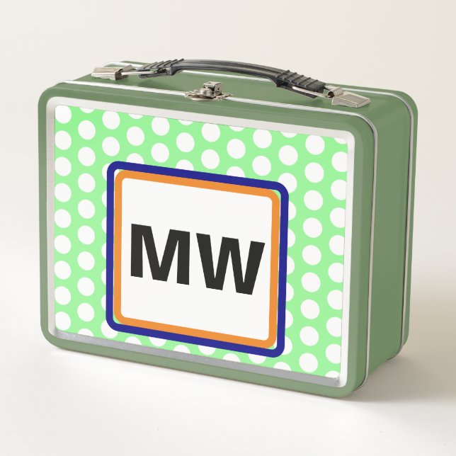 Monogram Initials Orange Green Polka Dot Metall Brotdose (Vorderseite)