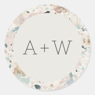 Monogram Initials Pastel Terrazzo Muster Hochzeit Runder Aufkleber