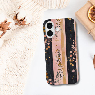 Monogram Initials Pink Gold Black Florals Stripes iPhone 16 Hülle