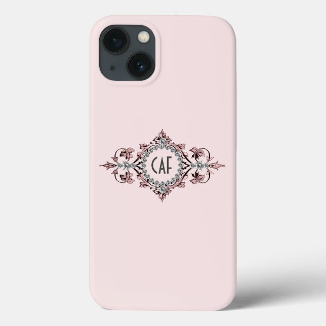 Monogram Initials Pink Gray Silver Geblüht Case-Mate iPhone Hülle (Rückseite)