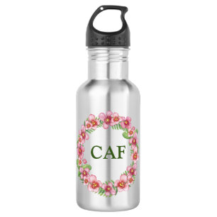Monogram Initials Pink Green Floral Trendy Girly Edelstahlflasche