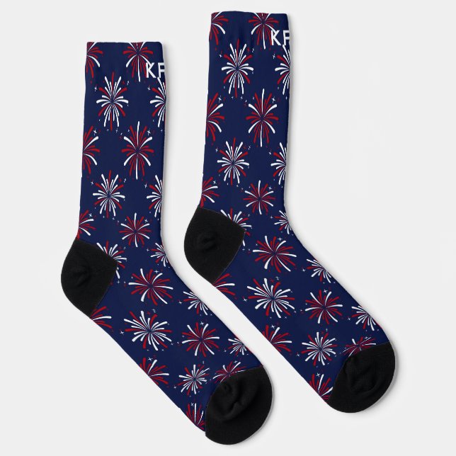 Monogram Initials Red & White Fireworks on Blue Socken (Rechts)