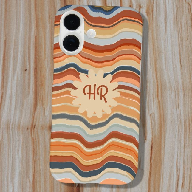 Monogram Initials Retro Stripes Waves Orange Blue Case-Mate iPhone Hülle (Von Creator hochgeladen)