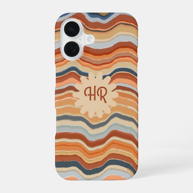 Monogram Initials Retro Stripes Waves Orange Blue iPhone 16 Hülle (Rückseite)