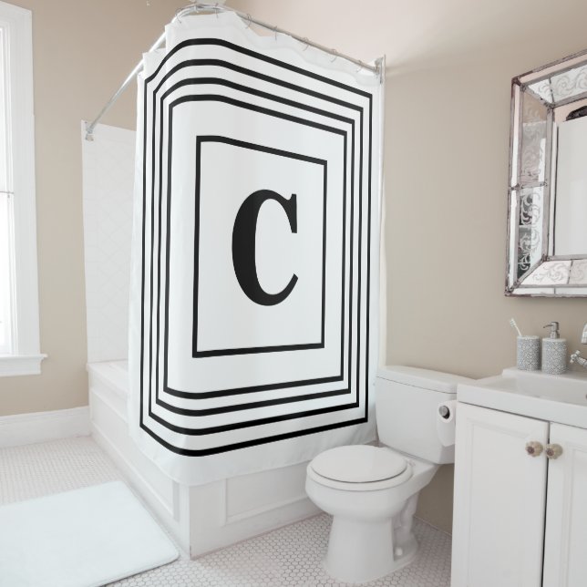 Monogram Initials Schwarz-weiß Striped Individuell Duschvorhang (Beispiel)