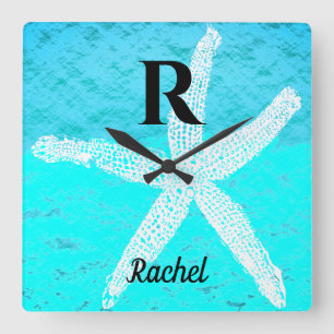 Monogram Initials Teal Turquoise Pastel Starfish Quadratische Wanduhr