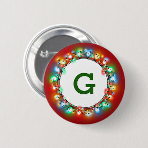 Monogram Inside Ring of Christmas Light Bulbs Button