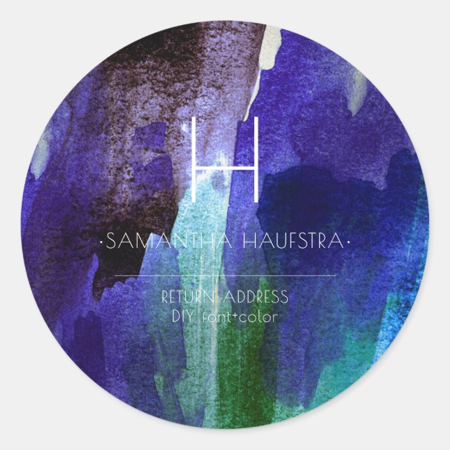 Monogram Iridescent Indigo Pinsel Wasserfarbe Runder Aufkleber (Vorderseite)