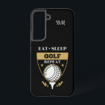 Monogram isst Sleep Golf Wiederholung Samsung Galaxy Hülle<br><div class="desc">Dieses attraktive Handy-Gehäuse verfügt über ein goldfarbenes Logo in hellen Farben und Weiß. Das Bild zeigt einen Golfball auf einem Abschlag,  und der Text sagt "EAT SLEEP GOLF REPEAT". Ihre beiden ersten Monogramme sind oben weiß.</div>