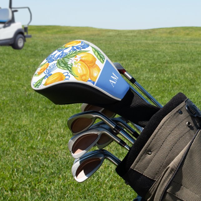 Monogram Italian Lemon Blue Tiles Pattern Golf Headcover (Golf Gifts Italian Mediterranean Lemons Pattern Monogram Golf Head Cover)