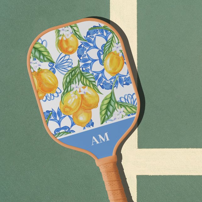 Monogram Italian Lemon Blue Tiles Pattern Pickleball Schläger (Mediterranean Italian Ceramic Art Lemons Pattern Monogram Pickleball Paddle)
