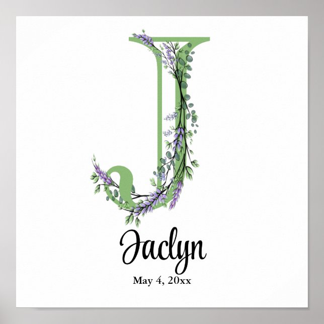 Monogram J Lavender Eucalyptus Kinderzimmer Poster (Vorne)