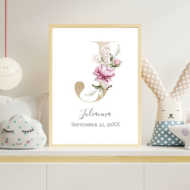 Monogram J Pink White Floral Gold Letter Kinderzim Poster (Gold Monogram Letter J, Pink Floral Watercolor Nursery Wall Art)
