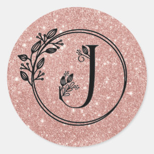 Monogram J Rose Gold Blush Rosa Glitzer Floral Runder Aufkleber
