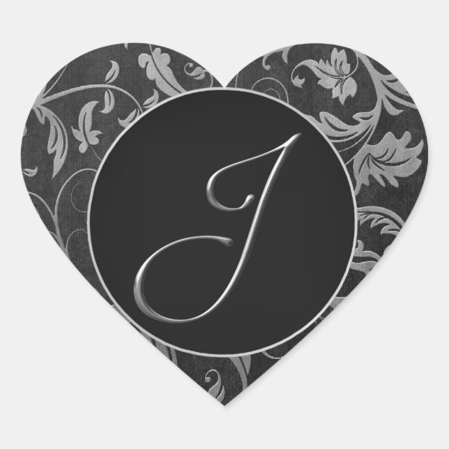 Monogram J Silver and Black Damask Wedding Siegel Herz-Aufkleber (Vorderseite)