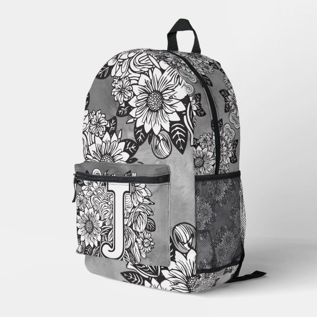Monogram "J" Sunflower Pattern Black and White DIY Bedruckter Rucksack (Rückseitige Ecke Rechts)