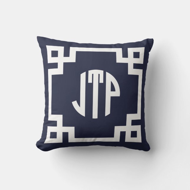 Monogram JTP (Navy Blue and White Greece Key Circl Kissen (Vorderseite)