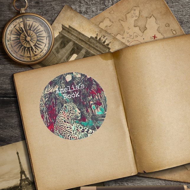 Monogram Jungle Cat Buchzeichen Runder Aufkleber (Von Creator hochgeladen)