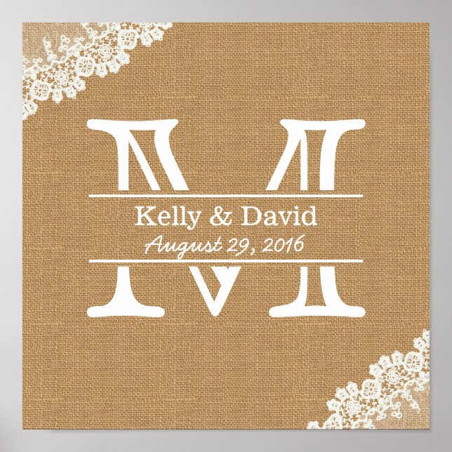 Monogram Jute & Spitze Rustikale Hochzeit Poster (Vorne)
