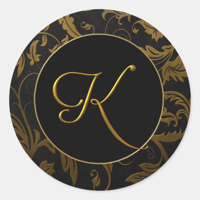 Monogram K Gold and Black Damask Wedding Siegel Runder Aufkleber (Vorderseite)