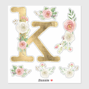 Monogram K Gold Blush White Rose Floral Aquarell Aufkleber