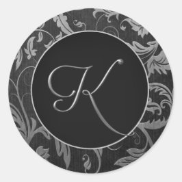 Monogram K Silver and Black Damask Wedding Siegel Runder Aufkleber