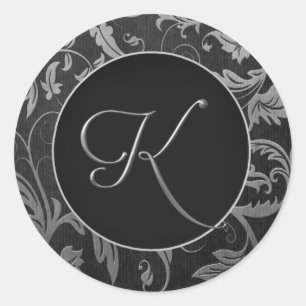Monogram K Silver and Black Damask Wedding Siegel Runder Aufkleber