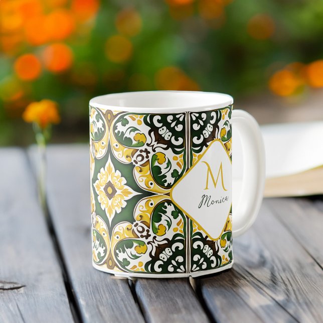 Monogram Kaffeetasse (Portuguese Mediterranean tile pattern Monogram Coffee Mug personalized gifts bridesmaid gifts favors)