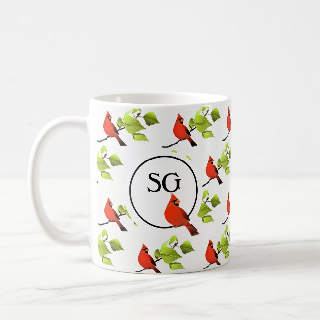 Monogram Kardinal Songbird auf Baumzweig Kaffeetasse (Links)