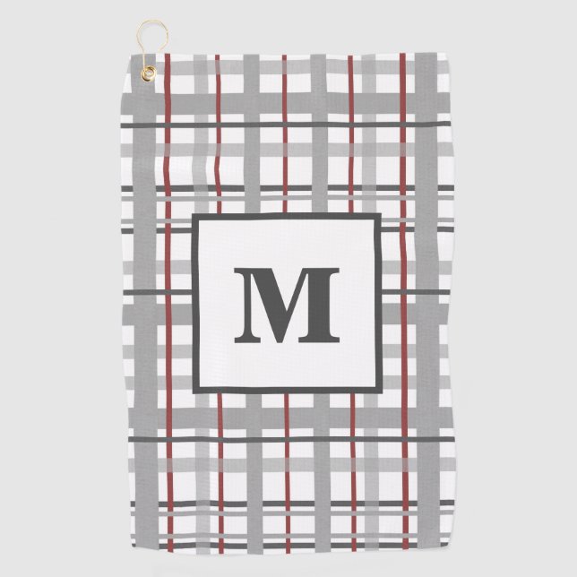 Monogram Kariert Graues Silberes Rot Geschenk für  Golfhandtuch (Vorderseite)