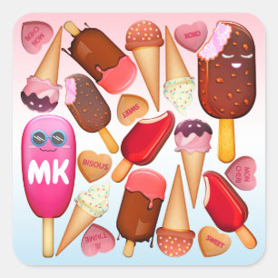 Monogram Kawaii Ice Cream Cone Popsimus Leckereien Quadratischer Aufkleber