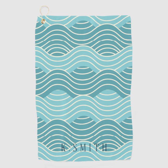 Monogram Kawaii Niedlich Blue Water Wave Muster Golfhandtuch (Vorderseite)
