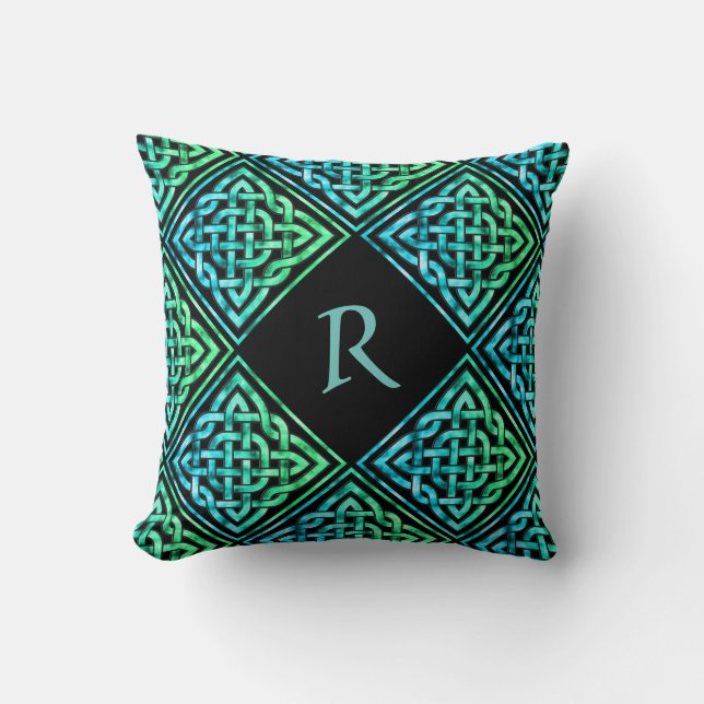Monogram keltischer Knoten: Diamond Blue Green Pil Kissen (Vorderseite)
