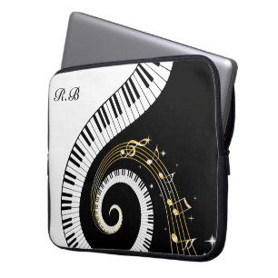 Monogram-Klaviertasten und Musiknotizen Laptopschutzhülle