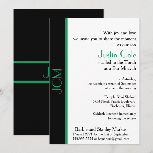 Monogram Kleeblatt Green Black Bar Mitzvah Einladung (Vorne/Hinten)
