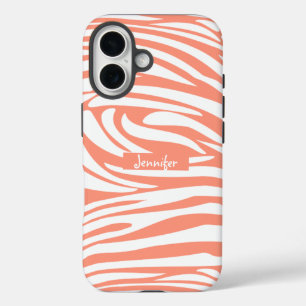 Monogram Korallenrosa Gestreiftes Zebra Muster Tre iPhone 16 Hülle