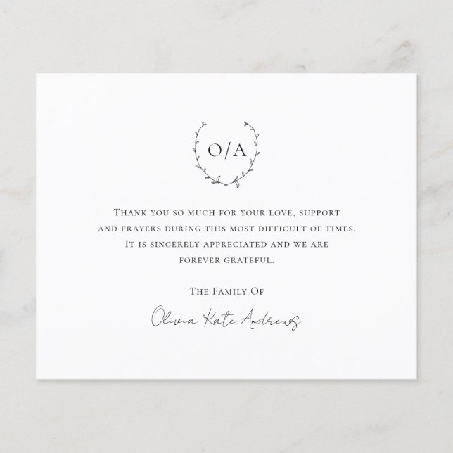 Monogram-Kranken-Budget-Beerdigung Dankeschön-Kart (Vorderseite)