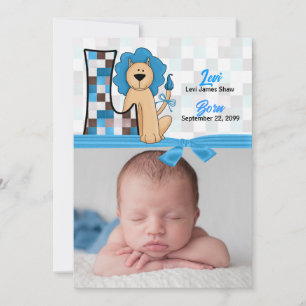 Monogram L Blue Lion New Baby Birth Ankündigung