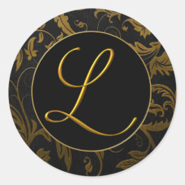 Monogram L Gold and Black Damask Wedding Siegel Runder Aufkleber