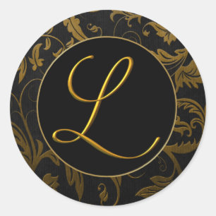 Monogram L Gold and Black Damask Wedding Siegel Runder Aufkleber