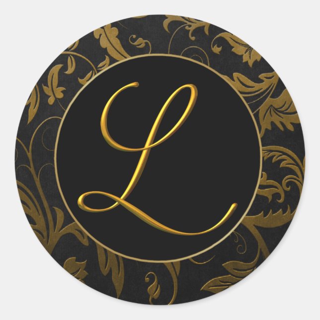 Monogram L Gold and Black Damask Wedding Siegel Runder Aufkleber (Vorderseite)