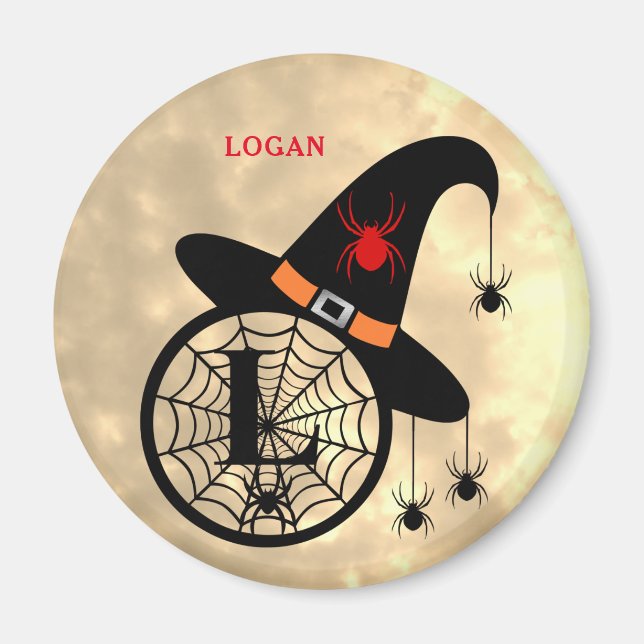 Monogram L Halloween Sky Hexenspinnen Name Magnet (Vorne)