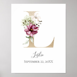 Monogram L Pink White Floral Gold Letter Kinderzim Poster