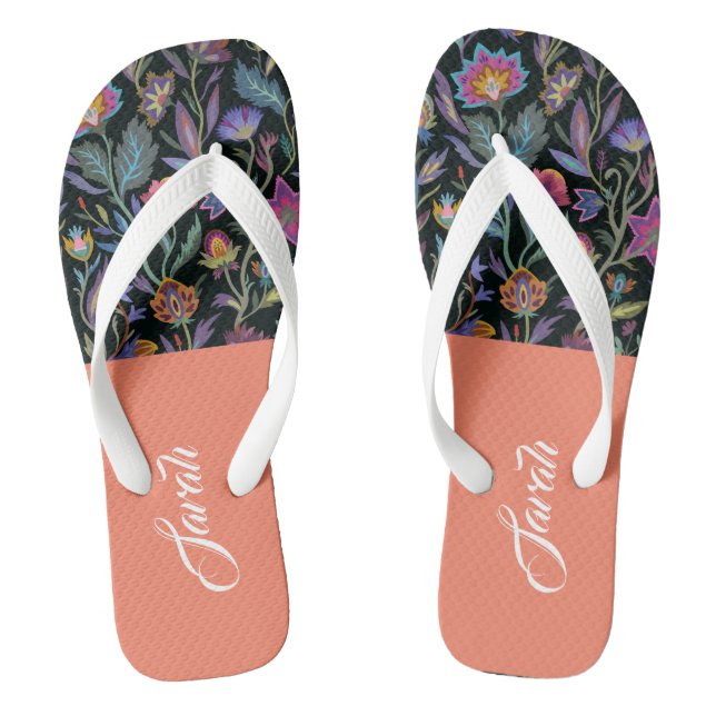 Monogram l William Morris l Black Blue Pink Script Flip Flops (Fußbett)
