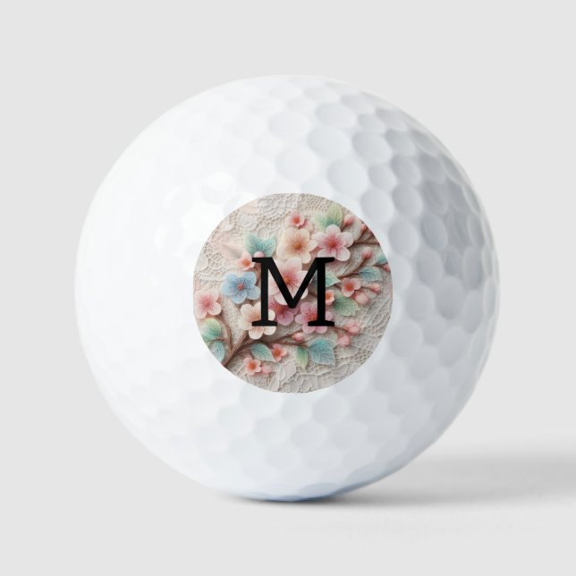 Monogram lace floral pink pastel cherry blossom  golfball (Vorderseite)