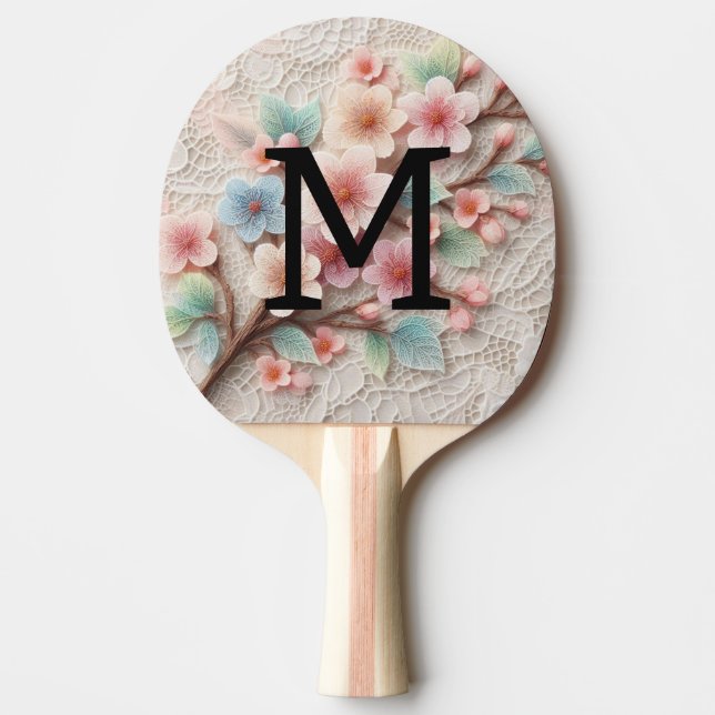 Monogram lace floral pink pastel cherry blossom  tischtennis schläger (Vorderseite)